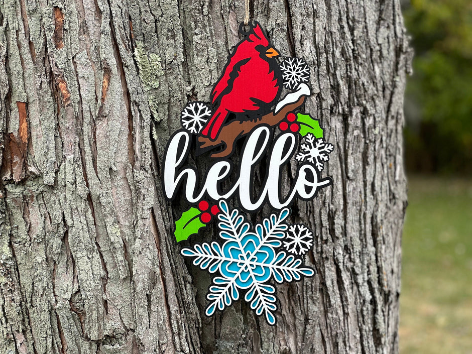 Hello Winter Door Sign with Cardinal